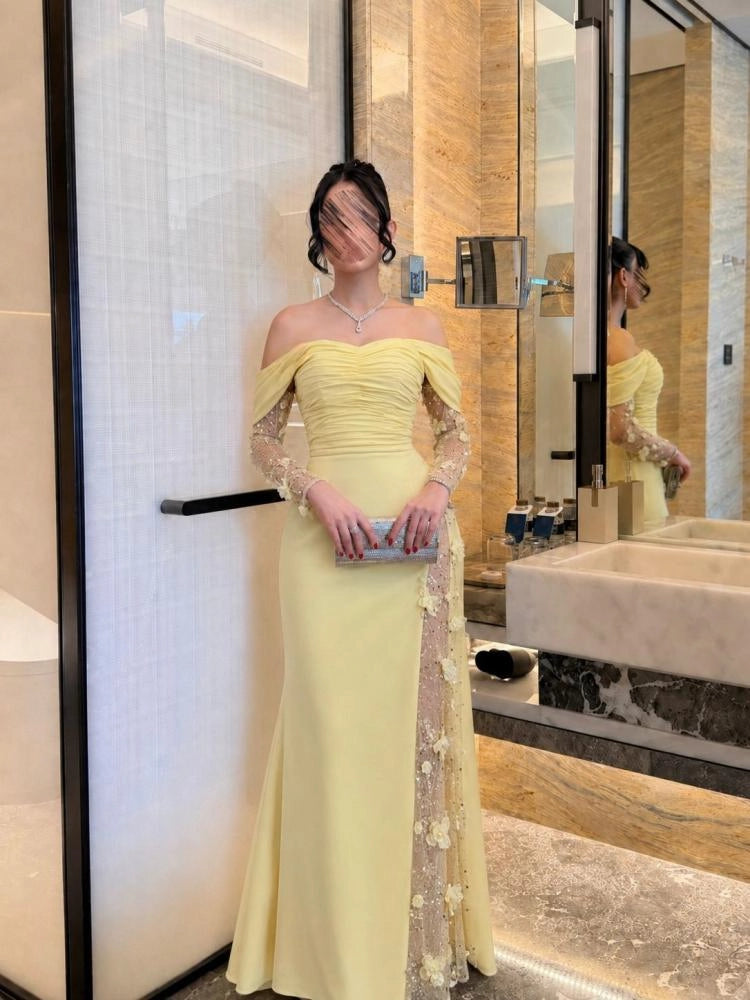 Yellow Mermaid Off Shoulder Long Sleeve Slit Formal Evening Dress