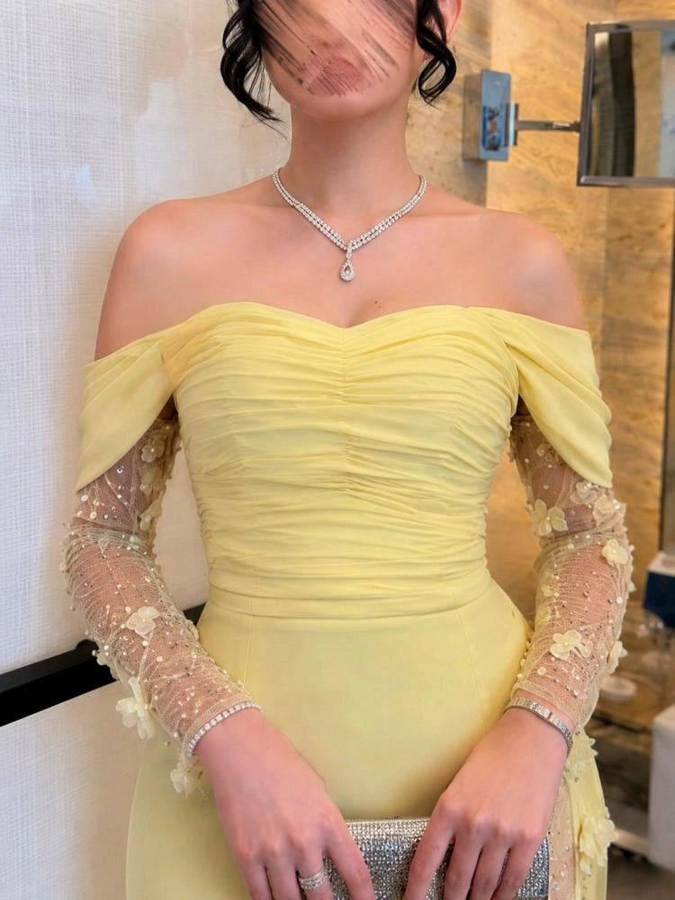 Yellow Mermaid Off Shoulder Long Sleeve Slit Formal Evening Dress