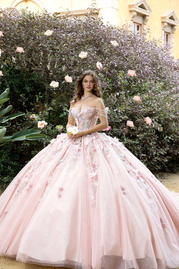Vedress dreamy blush off‑shoulder sweetheart ball gown quinceanera prom dress front view with 3D floral appliques glitter tulle