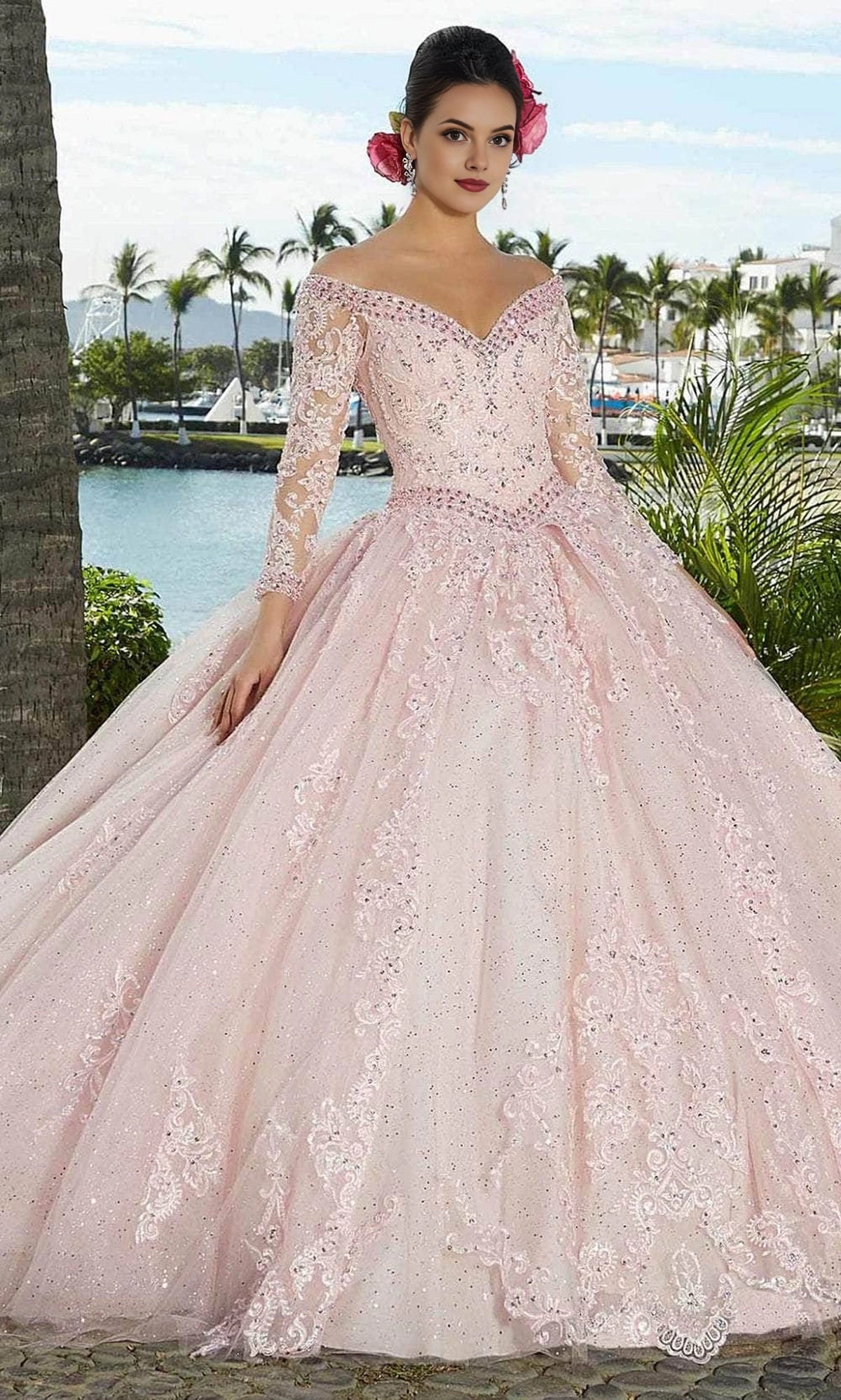 Vedress blush pink off‑the‑shoulder quinceanera prom dress long lace sleeve glitter tulle ball gown front view