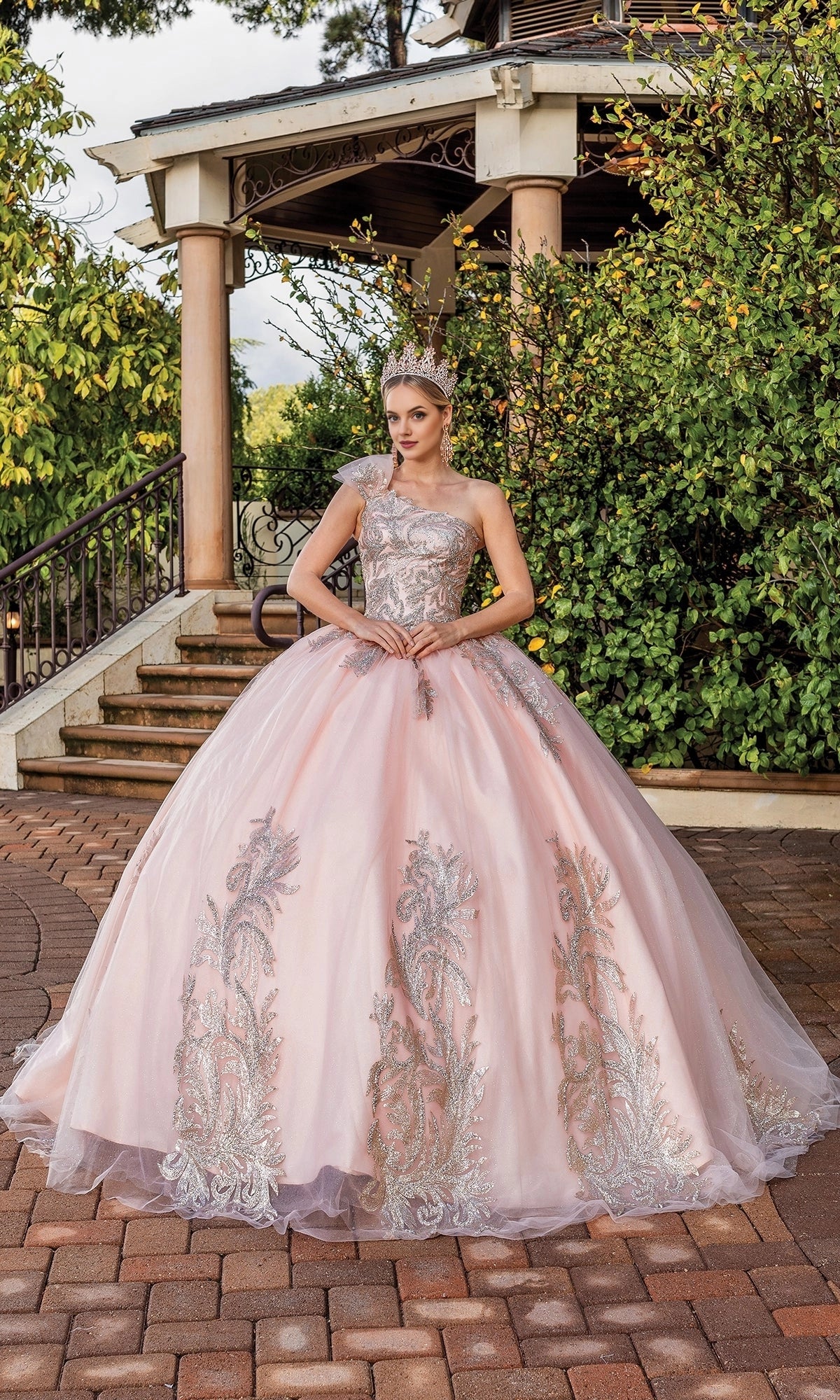 Vedress blush pink one‑shoulder quinceanera prom dress silver glitter applique ball gown front view