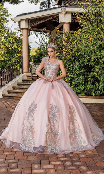 Vedress blush pink one‑shoulder quinceanera prom dress silver glitter applique ball gown front view