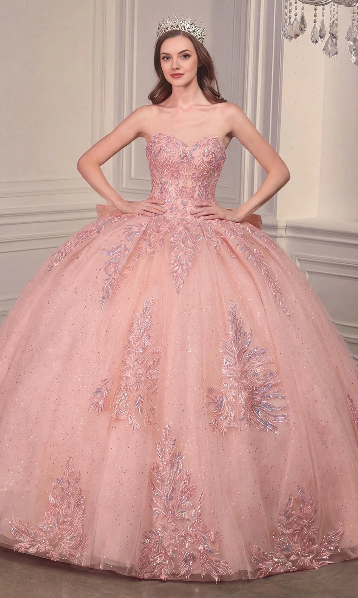Vedress blush pink quinceanera prom dress ball gown sweetheart strapless glitter lace appliques front view