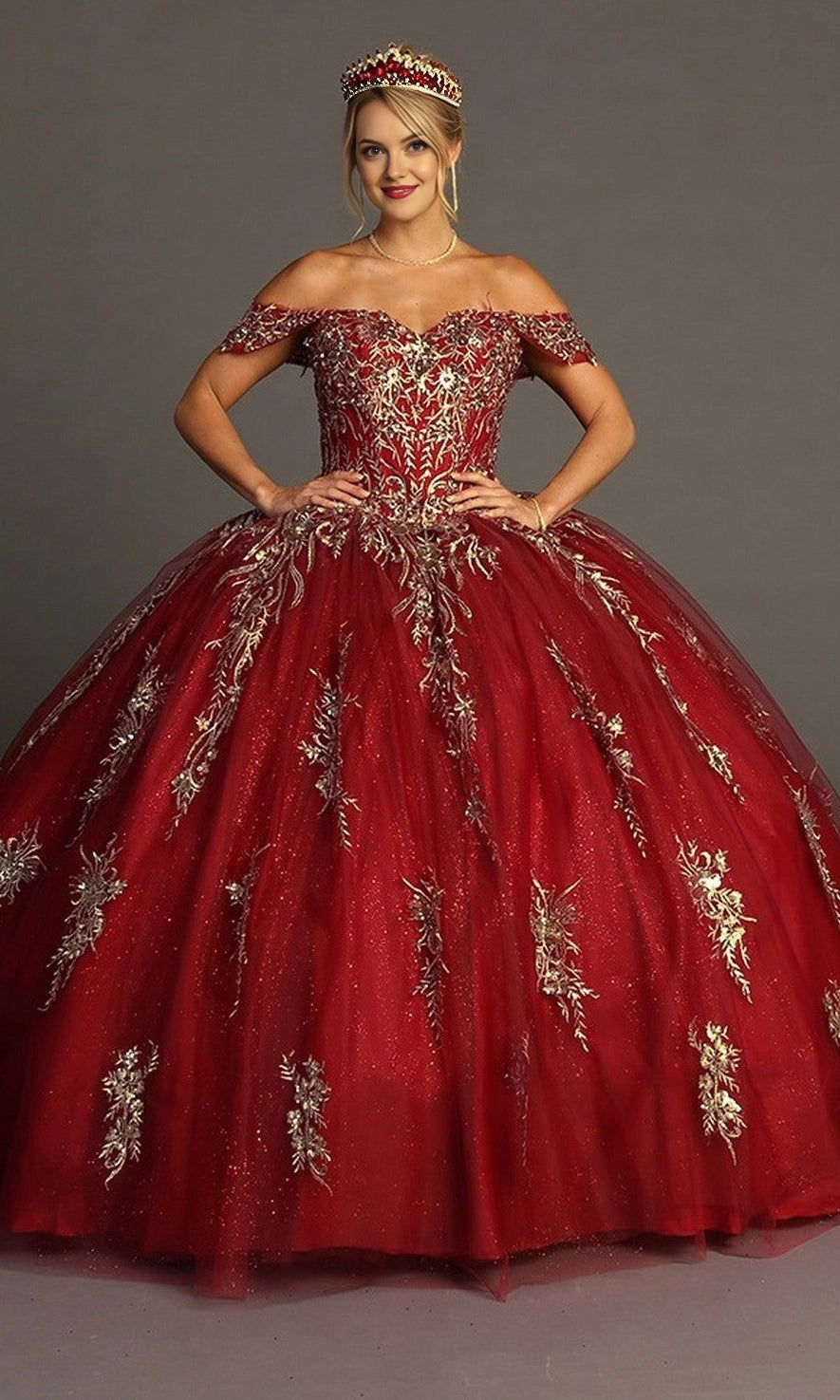 Vedress burgundy off‑shoulder quinceanera prom dress gold floral embroidery ball gown front view