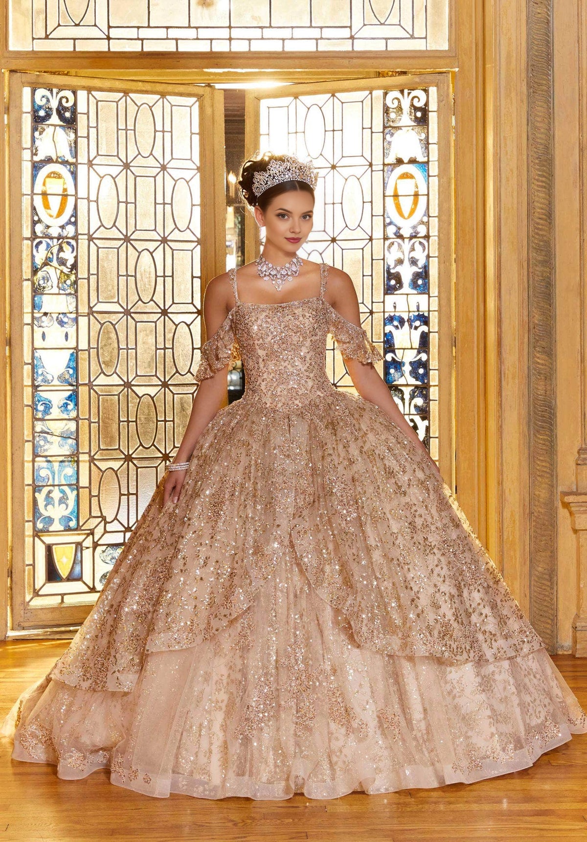 Vedress champagne gold cold‑shoulder quinceanera prom dress glitter sequin tiered ball gown front view