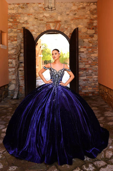 Vedress deep purple velvet cold‑shoulder quinceanera prom dress silver floral embroidery ball gown front view