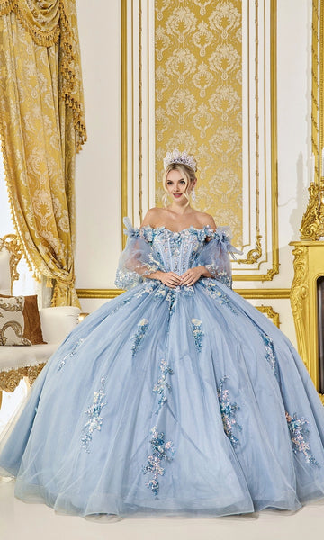 Vedress dreamy dusty blue off‑the‑shoulder puff sleeve 3D floral quinceanera ball gown front view