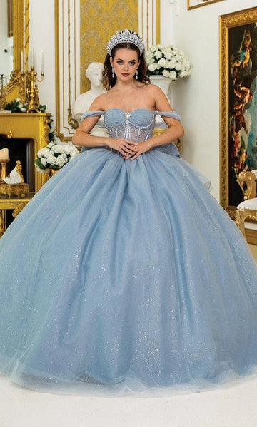 Vedress dusty blue off‑shoulder quinceanera prom dress glitter tulle ball gown front view