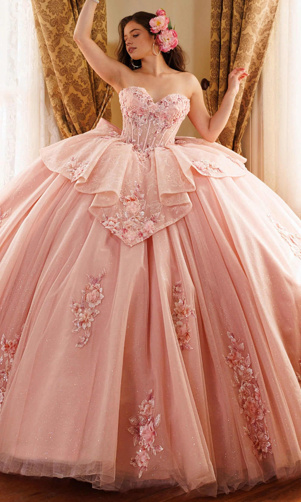 Vedress dusty pink strapless sweetheart quinceanera prom dress 3D floral glitter tulle ball gown