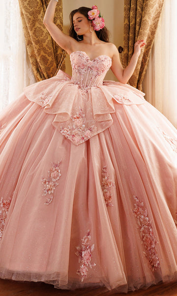 Vedress dusty pink strapless sweetheart quinceanera prom dress 3D floral glitter tulle ball gown