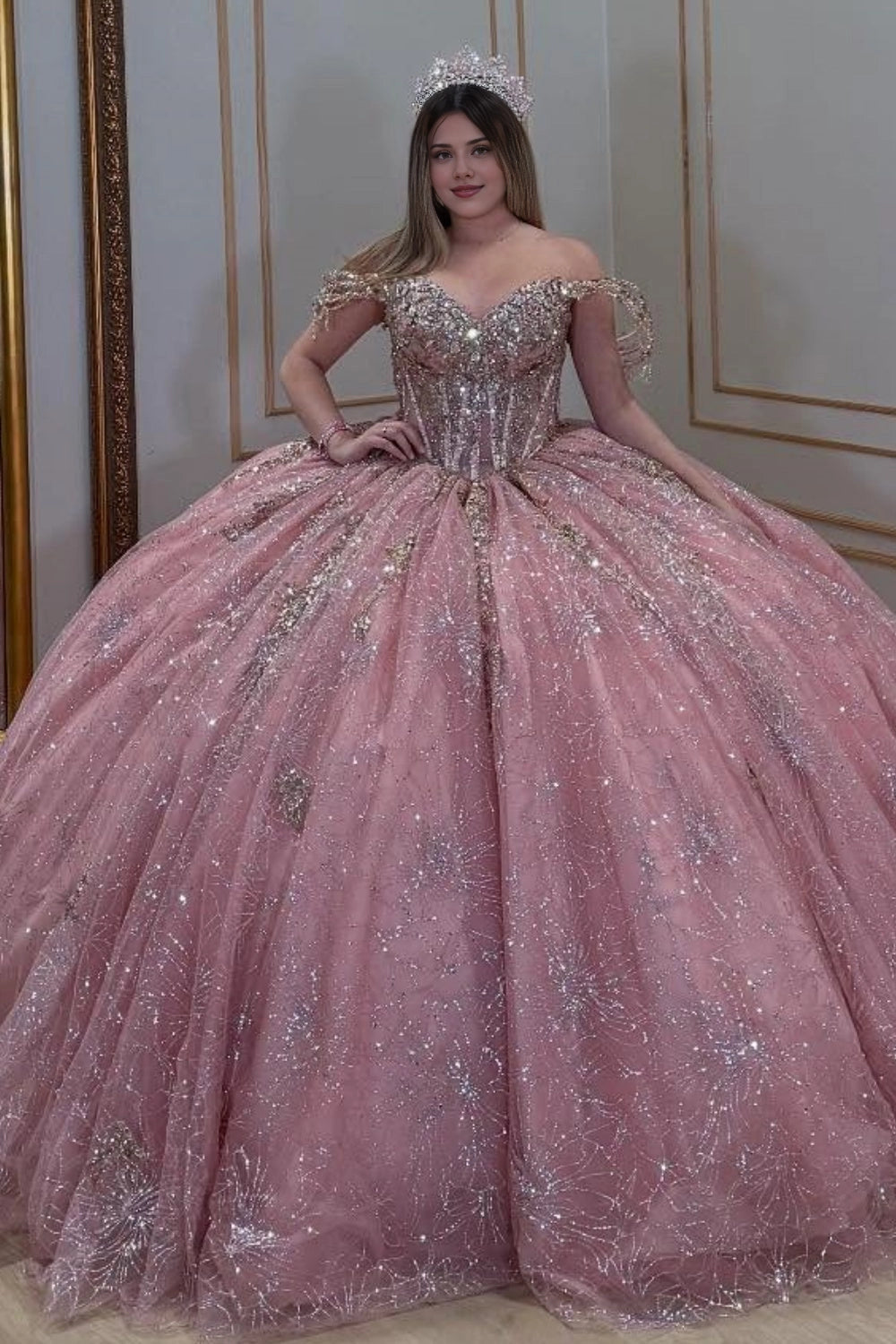 Vedress dusty rose off‑the‑shoulder quinceanera prom dress glitter fireworks tulle ball gown front view