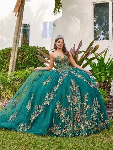 Vedress vibrant emerald strapless sweetheart ball gown quinceanera prom dress front view with colorful 3D floral appliques glitter tulle