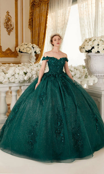 Vedress emerald green off‑the‑shoulder quinceanera prom dress 3D floral glitter tulle ball gown front view