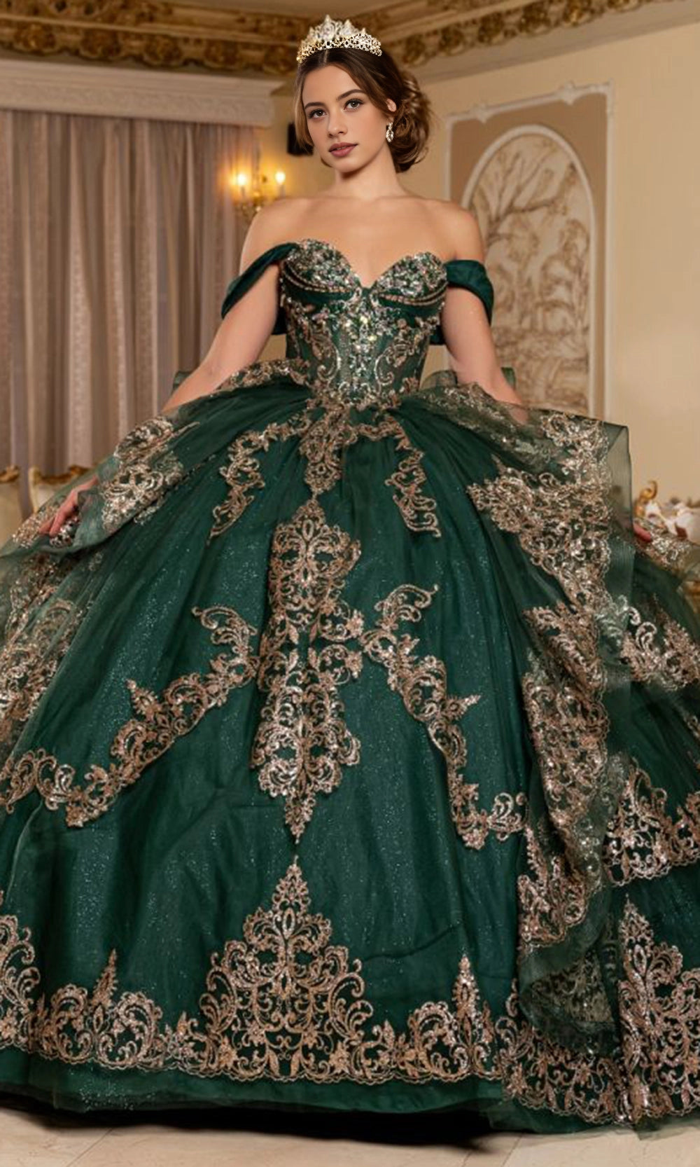 Vedress emerald green off‑shoulder quinceanera prom dress gold lace glitter ball gown