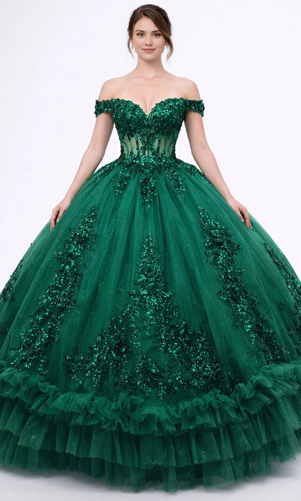 Vedress emerald green off‑shoulder quinceanera prom dress sheer corset 3D sequin applique glitter tiered ruffle ball gown