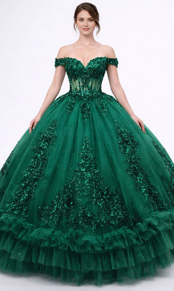 Vedress emerald green off‑shoulder quinceanera prom dress sheer corset 3D sequin applique glitter tiered ruffle ball gown