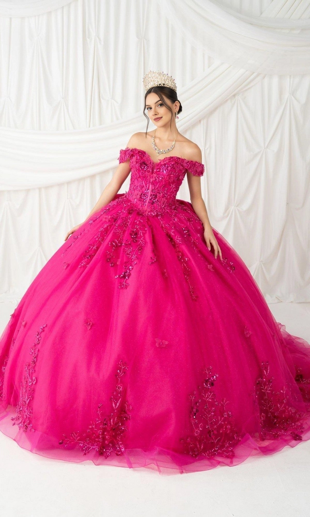 Vedress striking fuchsia floral off‑the‑shoulder quinceanera ball gown front view