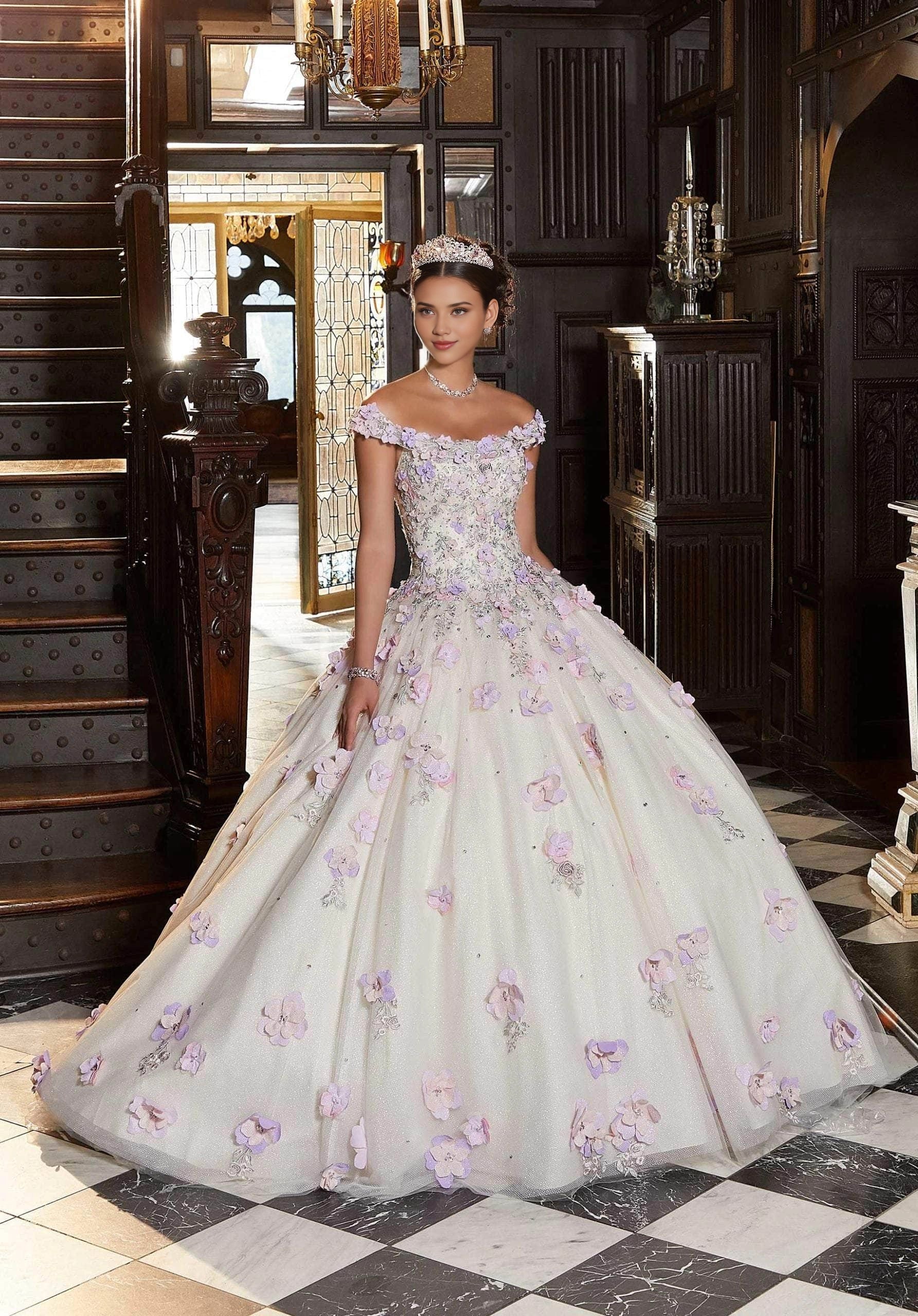 Vedress ivory quinceanera prom dress ball gown off‑shoulder 3d purple pink floral lace appliques glitter tulle front view