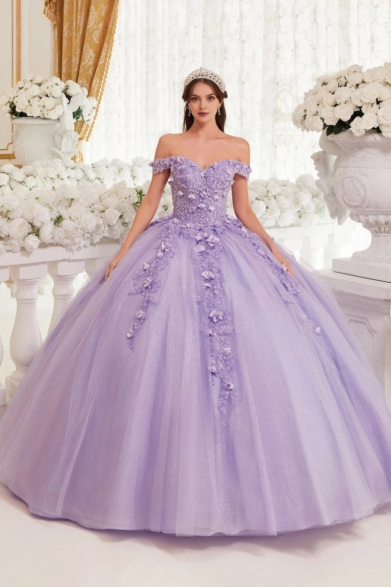 Vedress elegant lavender 3D floral off‑the‑shoulder quinceanera ball gown front view