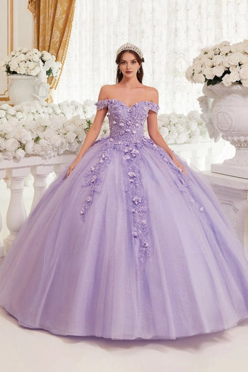 Vedress elegant lavender 3D floral off‑the‑shoulder quinceanera ball gown front view