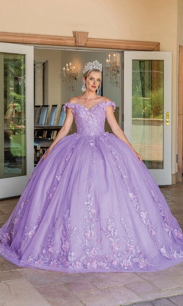 Vedress lavender off‑shoulder quinceanera prom dress with 3D floral appliques ball gown front view