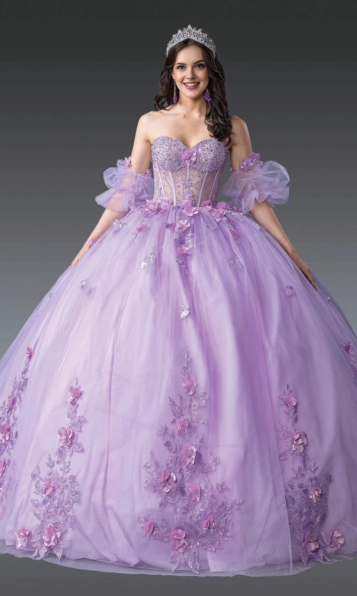 Vedress lavender quinceanera prom dress ball gown sweetheart off shoulder detachable puff sleeve 3d floral appliques front view