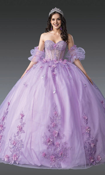 Vedress lavender quinceanera prom dress ball gown sweetheart off shoulder detachable puff sleeve 3d floral appliques front view