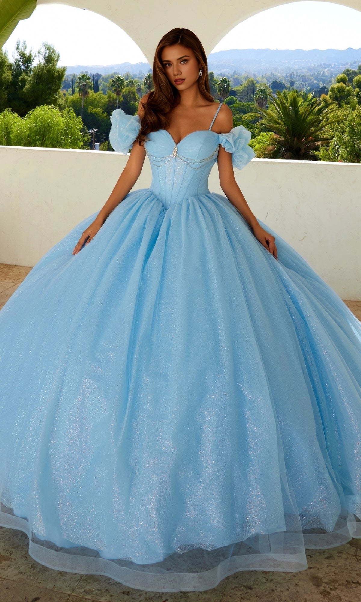Vedress light blue sweetheart quinceanera prom dress detachable puff sleeve glitter tulle ball gown front view