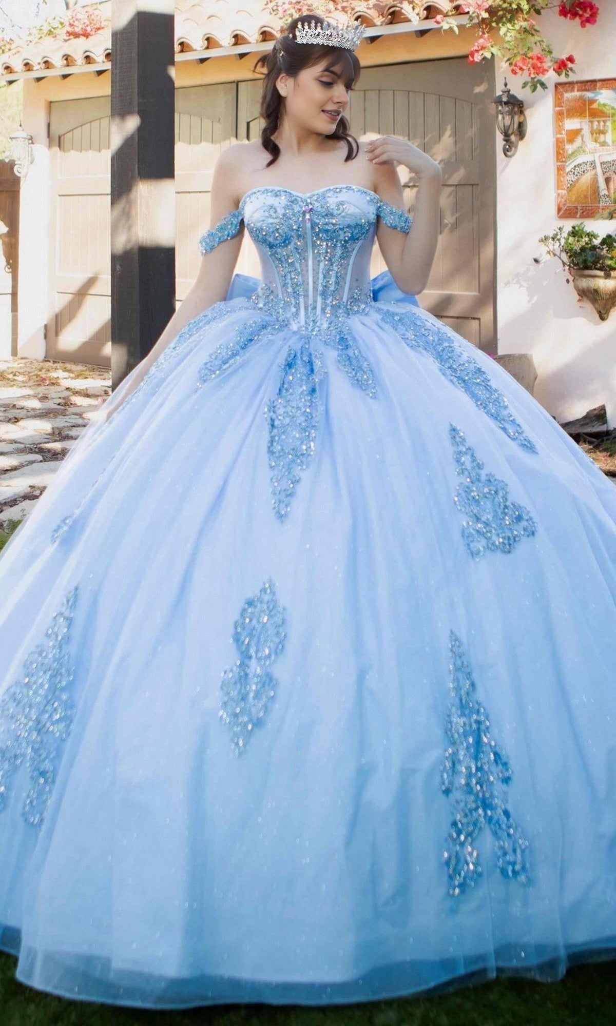 Vedress light blue off‑shoulder quinceanera prom dress beaded lace applique glitter tulle ball gown front view
