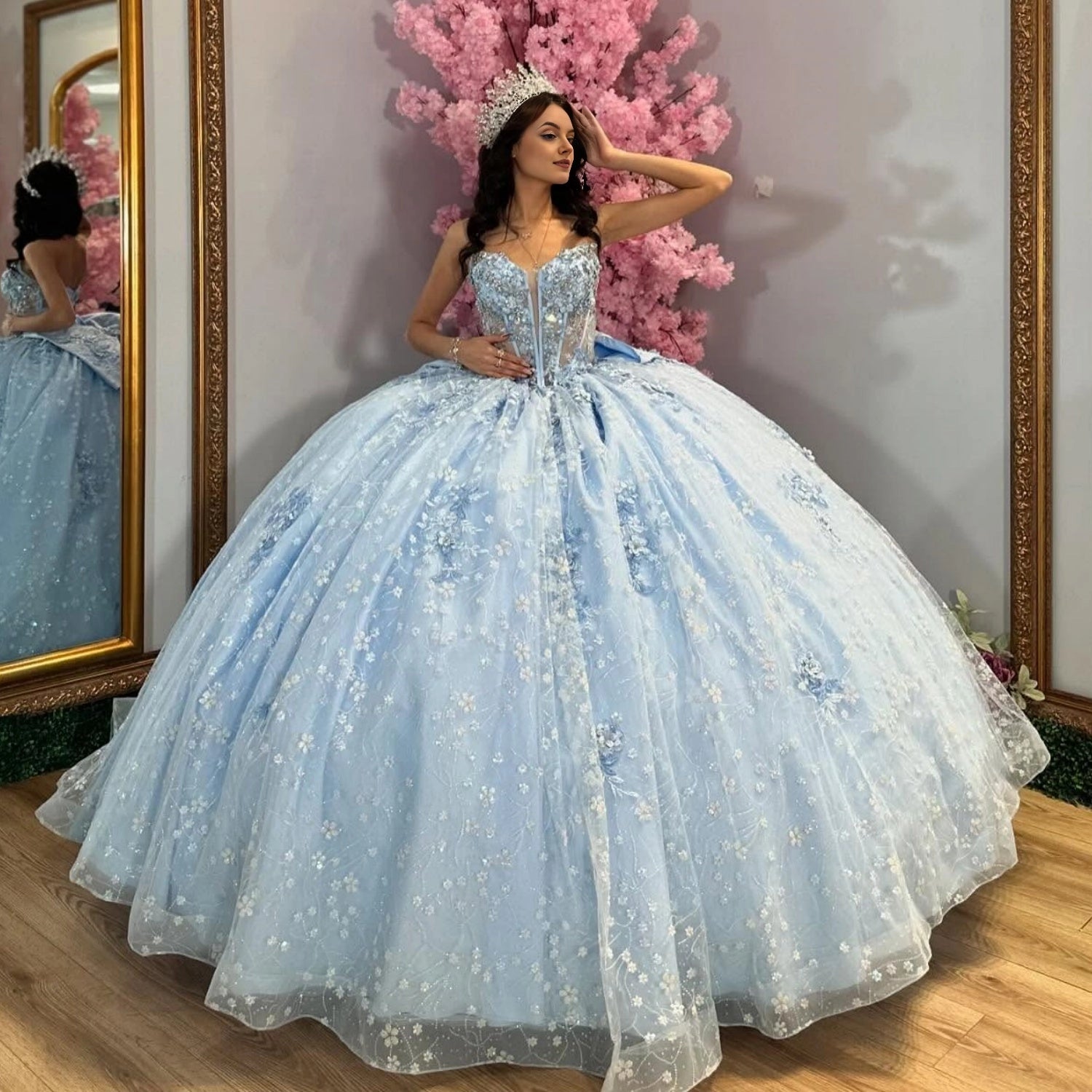 Vedress light blue strapless sweetheart quinceanera prom dress 3D floral glitter tulle ball gown