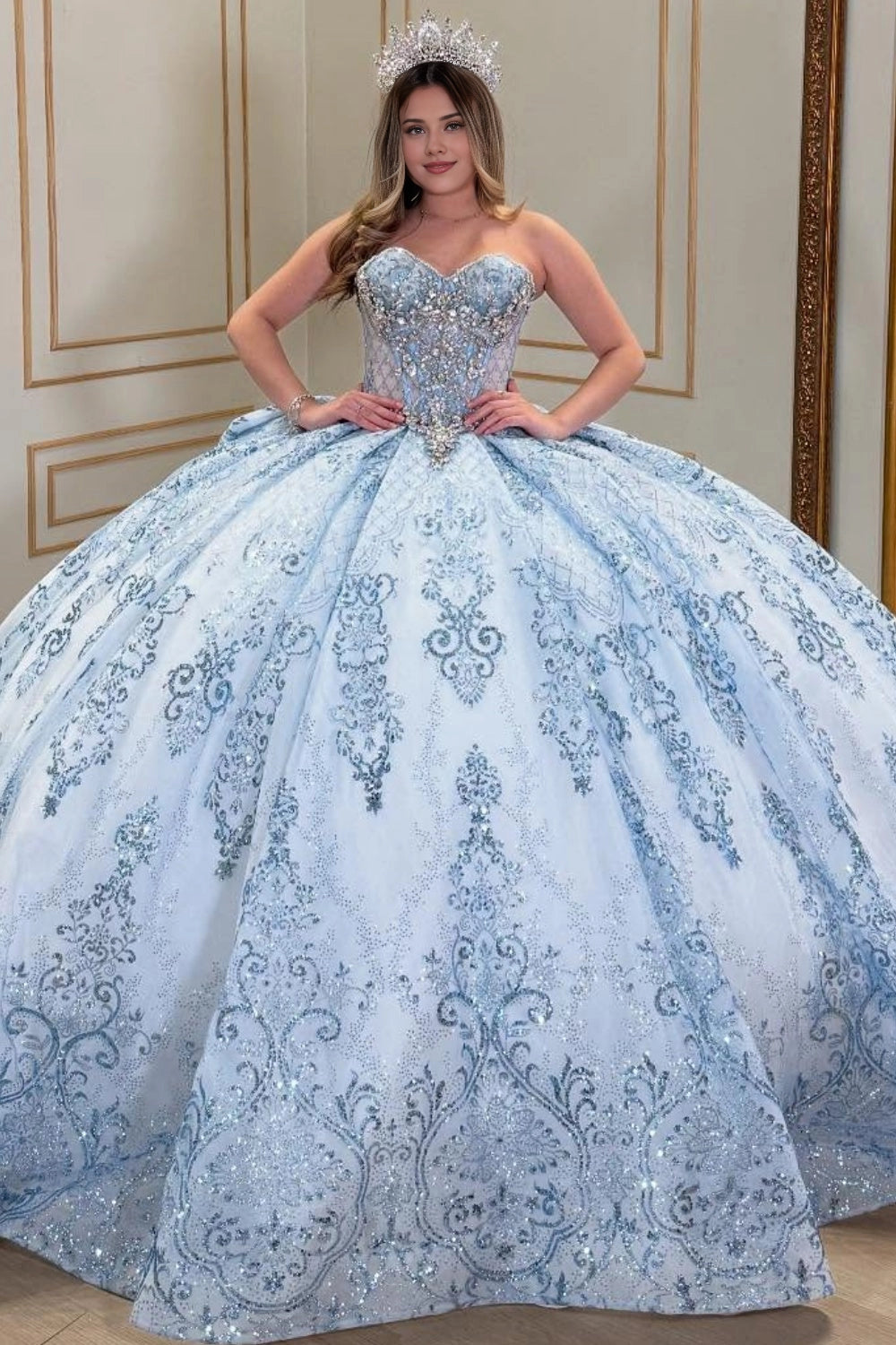Vedress light blue quinceanera prom dress ball gown strapless sweetheart rhinestone lace glitter tulle front view