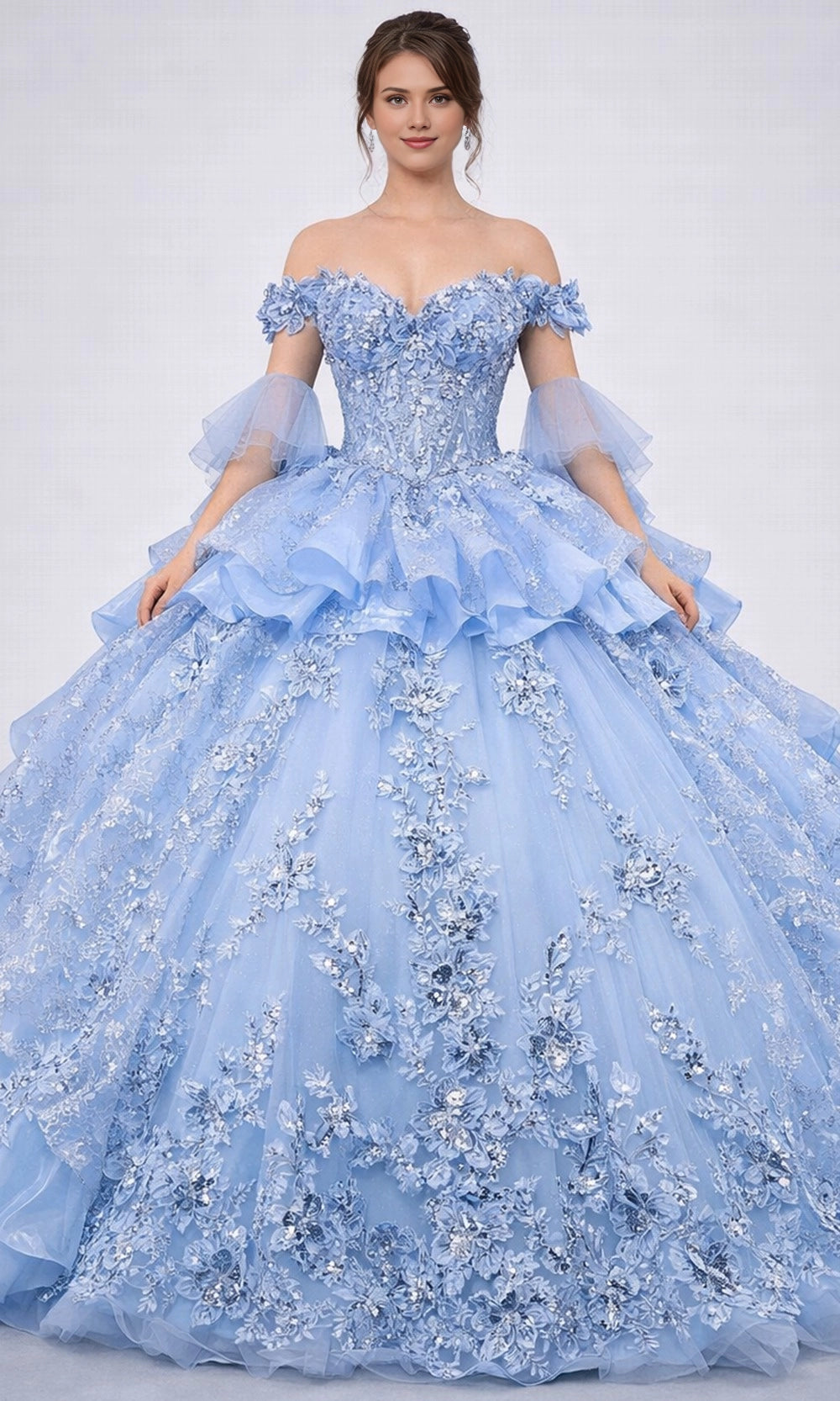 Vedress light sky blue off‑shoulder quinceanera prom dress detachable puff sleeves 3D floral applique tiered ruffle glitter ball gown