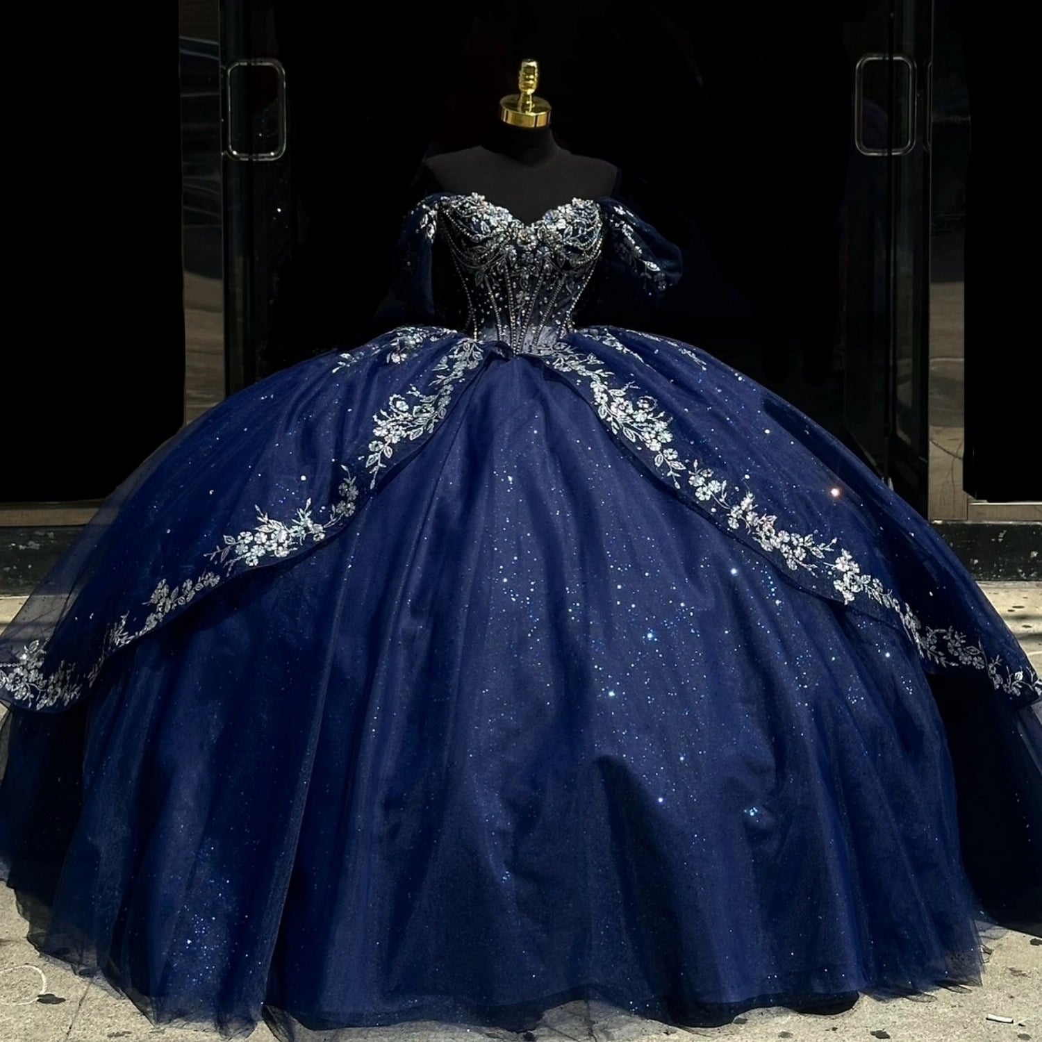 Vedress navy blue off‑the‑shoulder quinceanera prom dress silver floral star glitter tulle ball gown front view