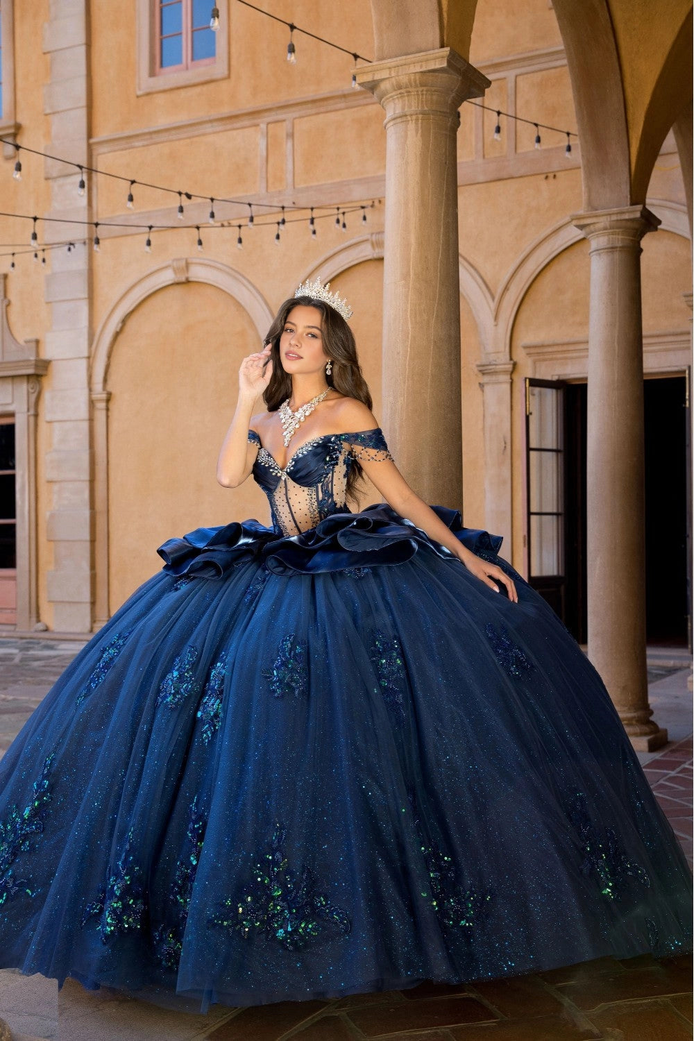 Vedress glamorous navy glitter off‑shoulder sweetheart ball gown quinceanera prom dress front view with iridescent sequin appliques