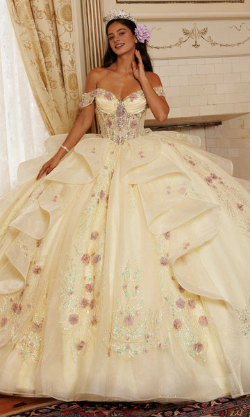 Vedress pale yellow off‑shoulder quinceanera prom dress pastel floral glitter ball gown