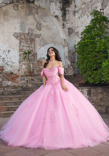 Vedress pink quinceanera prom dress ball gown off‑shoulder sweetheart beaded lace glitter tulle front view
