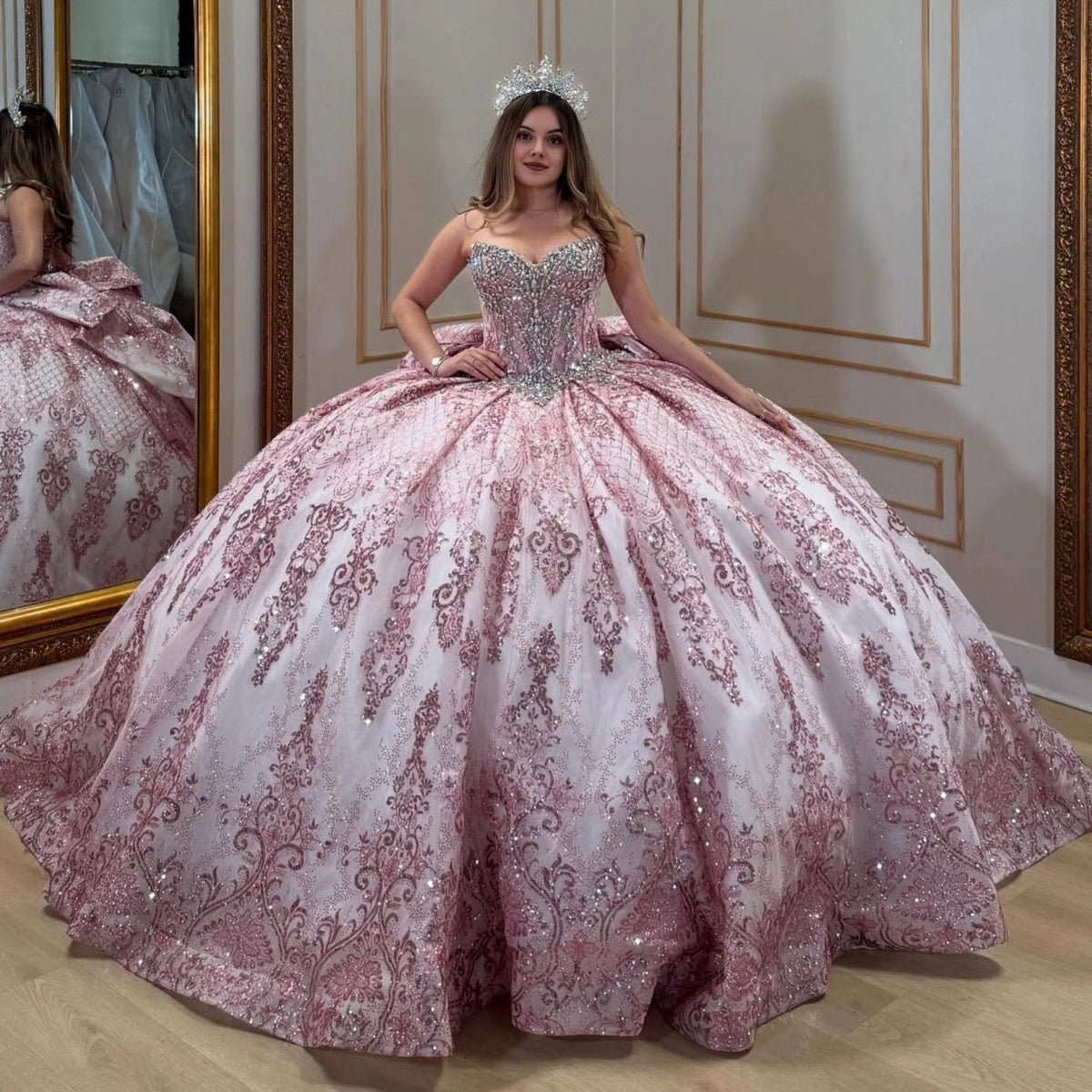 Vedress pink white strapless sweetheart quinceanera prom dress glitter lace ball gown