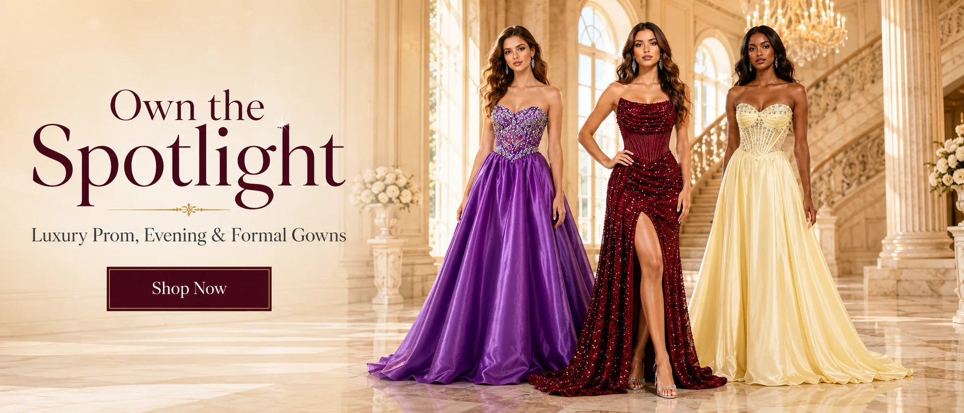 VEDRESS prom dresses homepage banner featuring three elegant strapless formal gowns in a luxury setting