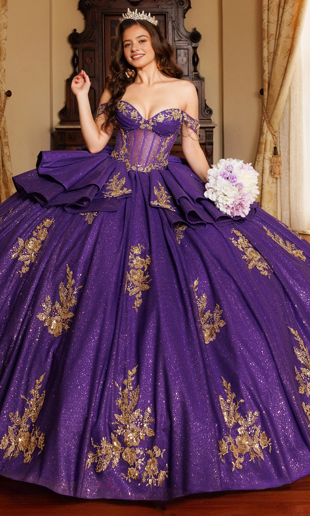 Vedress purple off‑shoulder quinceanera prom dress gold floral glitter ball gown