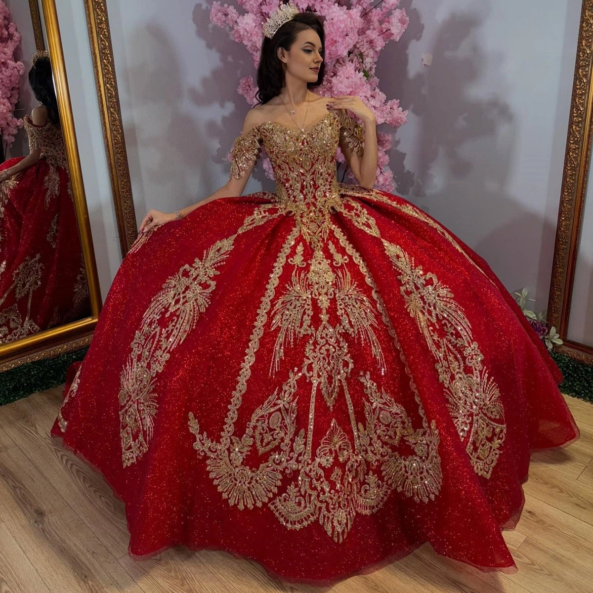 Vedress red gold off shoulder ball gown quinceanera prom dress with gold lace appliques