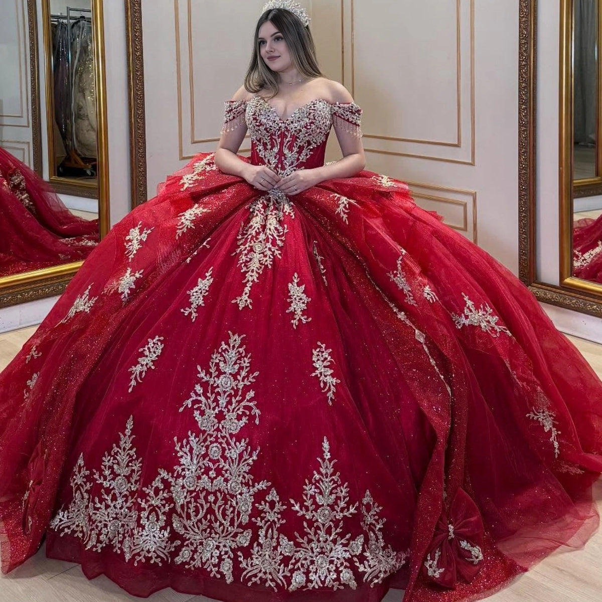 Vedress red off‑the‑shoulder quinceanera prom dress silver lace glitter tulle ball gown front view