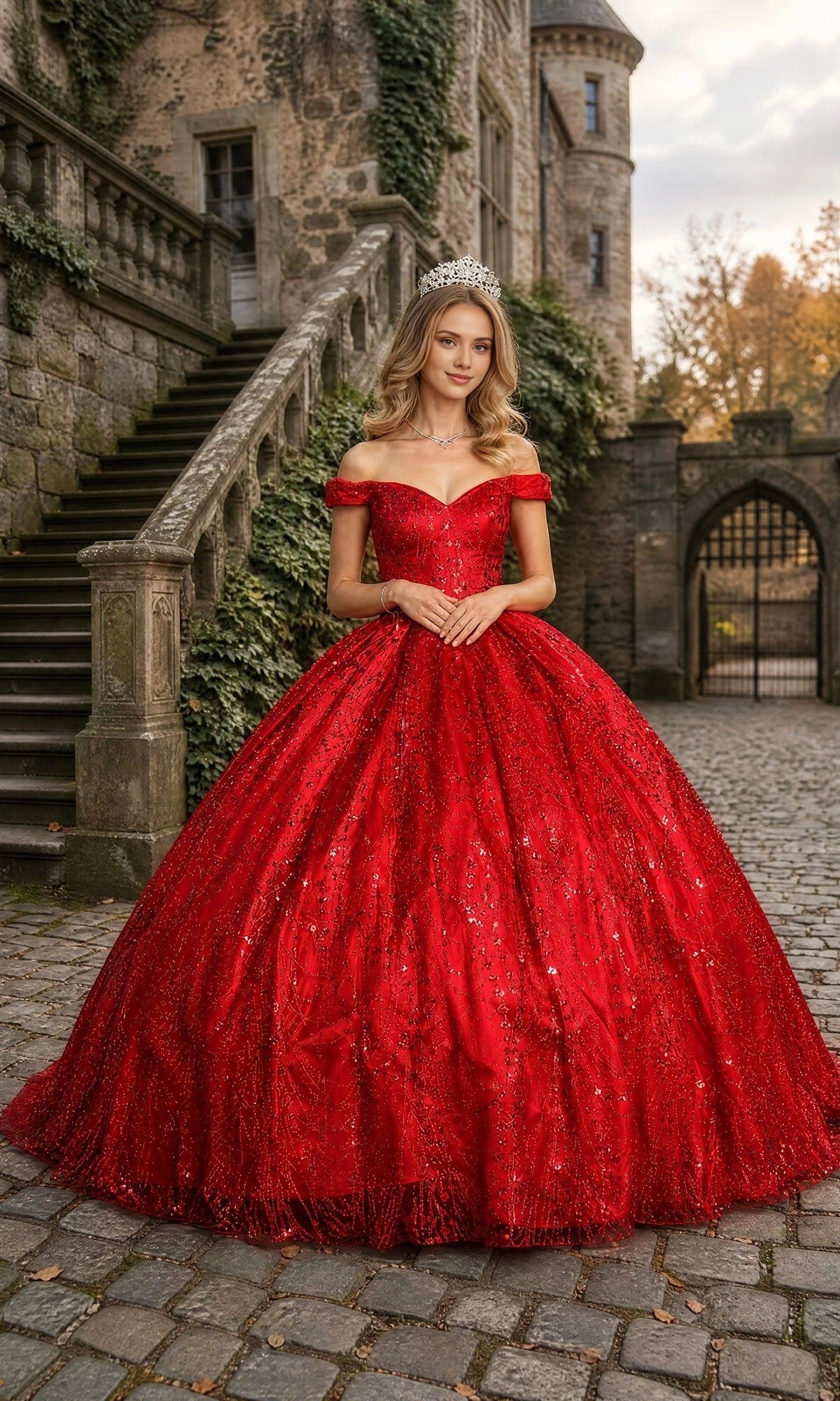 Vedress luxury red sequined off‑the‑shoulder ball gown prom dress front view