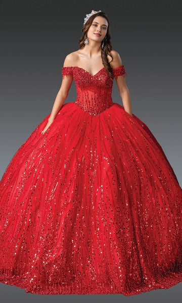 Vedress glamorous red sequined off‑the‑shoulder quinceanera ball gown front view
