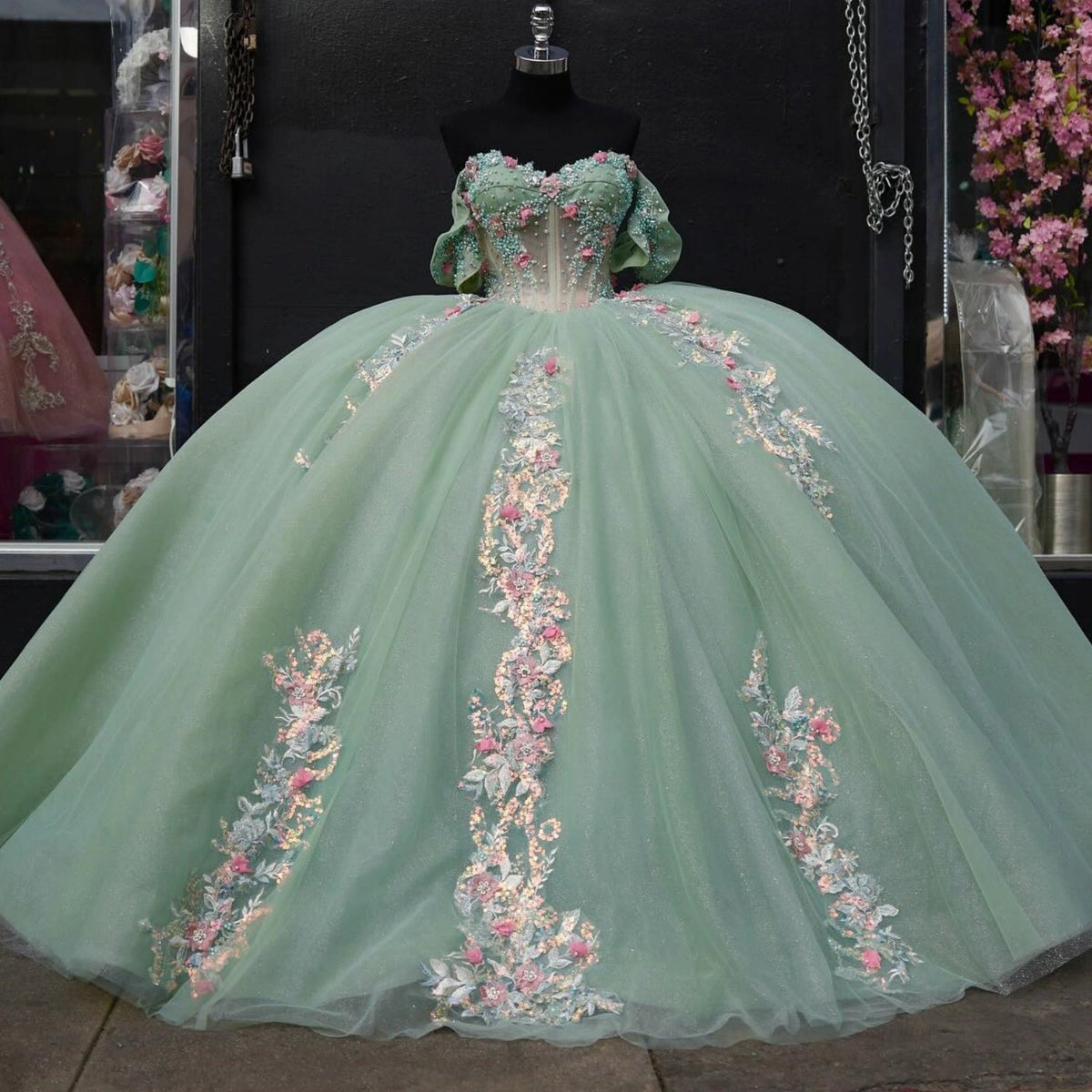 Vedress sage green quinceanera prom dress ball gown off‑shoulder puff sleeve 3d floral applique glitter tulle front view