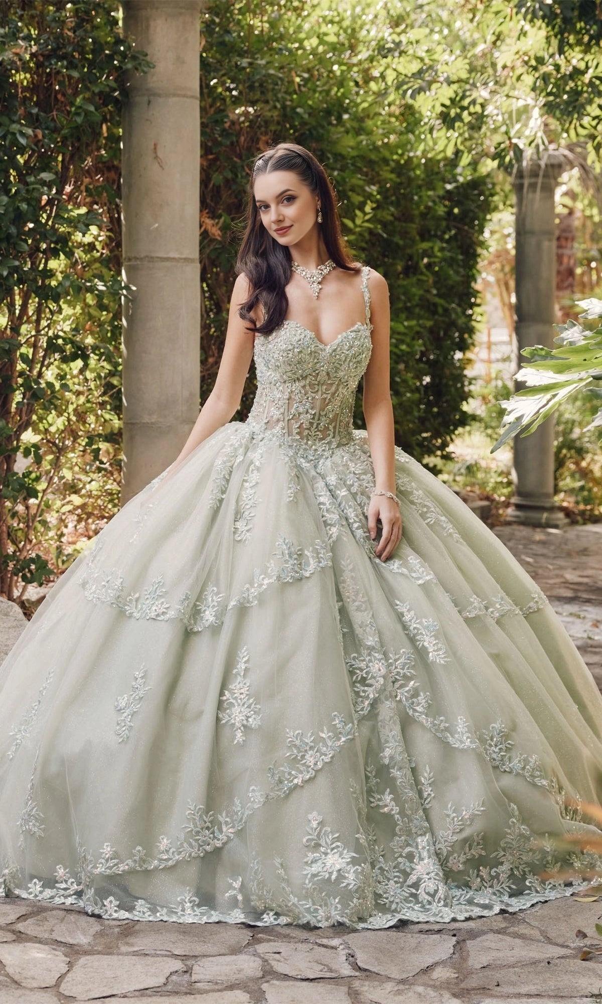 Vedress sage green spaghetti strap quinceanera prom dress floral lace applique glitter tulle ball gown front view