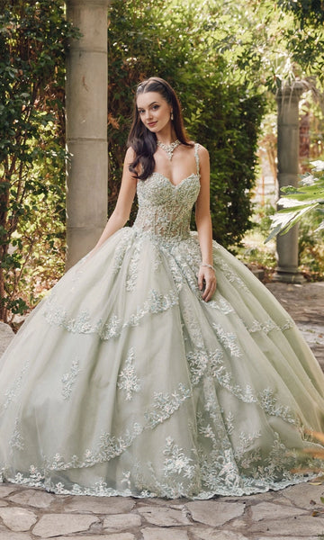 Vedress sage green spaghetti strap quinceanera prom dress floral lace applique glitter tulle ball gown front view