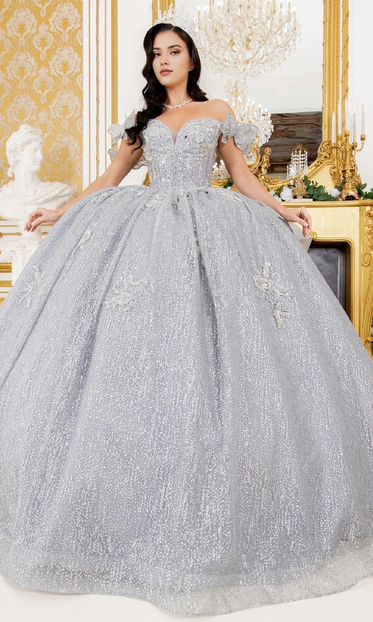 Vedress glamorous silver glitter off‑the‑shoulder bow sleeve quinceanera ball gown front view