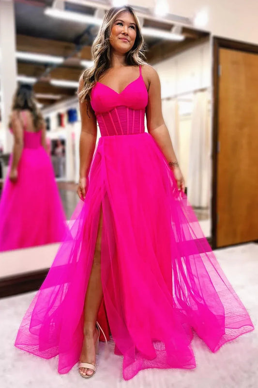 Vibrant Hot Pink Tulle Corset Spaghetti Strap Prom Gown