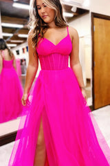 Vibrant Hot Pink Tulle Corset Spaghetti Strap Prom Gown