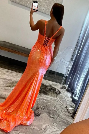 Vestido de gala de sirena con tirantes finos de lentejuelas naranja vibrante